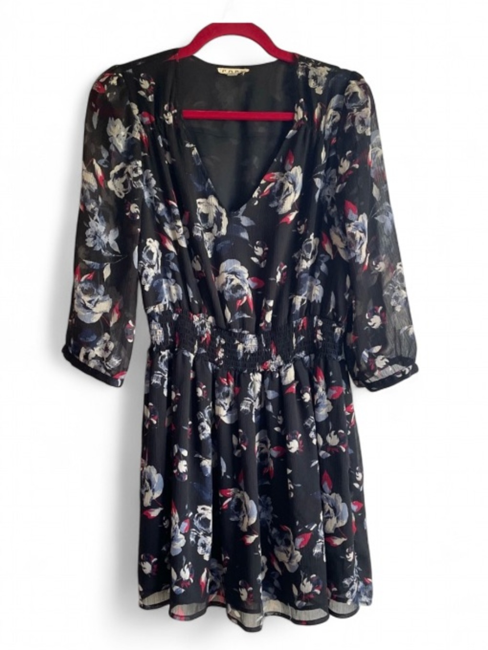 Cope Navy Blue Floral Print 3/4 Sleeve V Neck Dress Size M